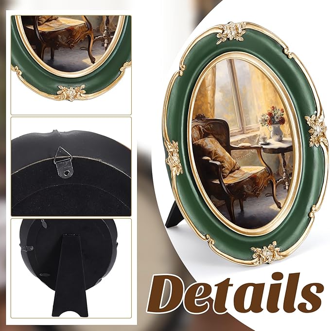 3 Pcs Green Vintage Picture Frame Set Antique Oval Picture Frames 4x6, 5x7 Inch Baroque Photo Ornate Frames with Glass Gift for Tabletop Hanging Wall Art Wedding Home(Antique Style)