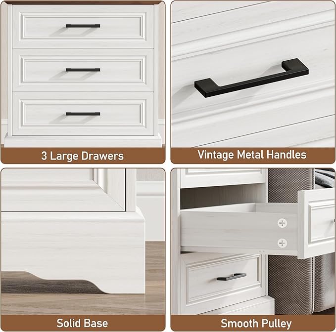 Farmhouse Nightstand with Charging Station, 22" Wide Bedside Table with 3 Large Drawers & Bar Handles, Side End Table with Stable Support Base, for Bedroom, Off White