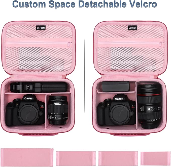 Camera Case Compatible with Canon EOS Rebel T7/R50/R6 Mark II/R100/R50 V/T6/R8/R10/R5 Mark II/RP/R7/5D Mark IV/SL3/R5/T100 DSLR Camera, Len and Tripod with 4 Dividers and Shoulder Strap, Magenta+Pink