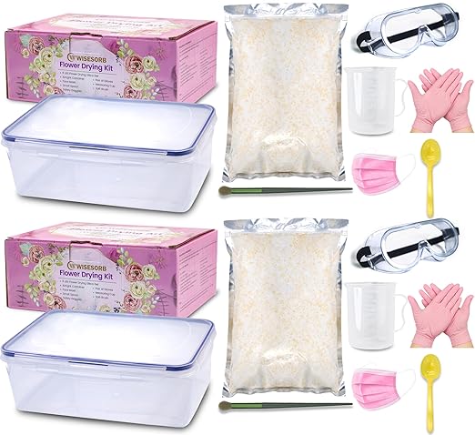2 Set of 5 LBS Silica Gel Flower Drying Kit, Silica Sand Reusable Flower Preservation Kit with Airtight Container, Gloves, Brush, Safety Goggles for DIY Wedding Bouquet Preservation