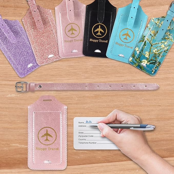 ACdream Luggage Tags 2 Pack, Leather Suitcase Tags Identifiers, Cute Cruise ID Labels with Privacy Cover fits on Backpack, Travel Bag, for Women, Men, Adults, Kids, Rose Gold