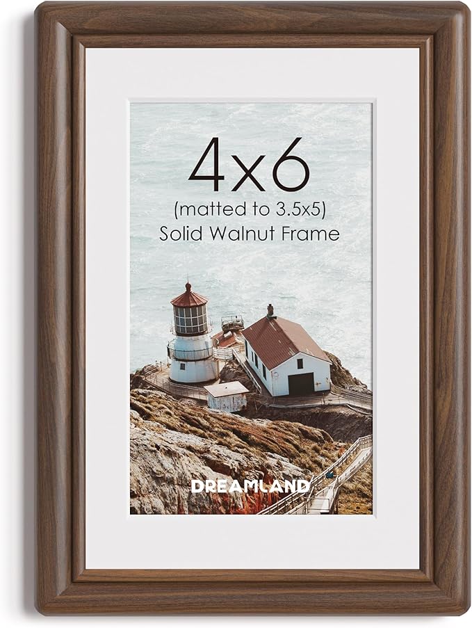 Dreamland 4x6 Picture Frame, Solid Walnut Wood 4x6 Photo Frame, 4 by 6 Wood Frames with Real Glass for Tabletop & Wall Display, 4x6 Frame Matted to 3.5x5