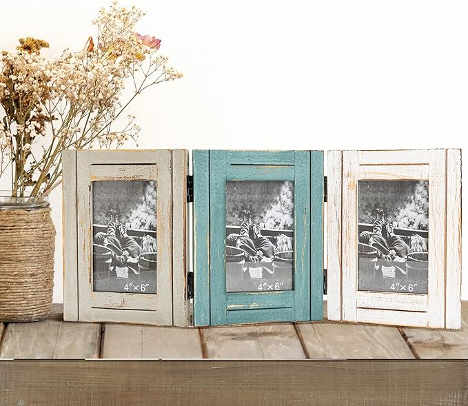 RiteSune Rustic Picture Frame 3 Folding 5X7 Triple Hinged Photo Frame Collage for Home Office Desk, Present for Christmas, New Year