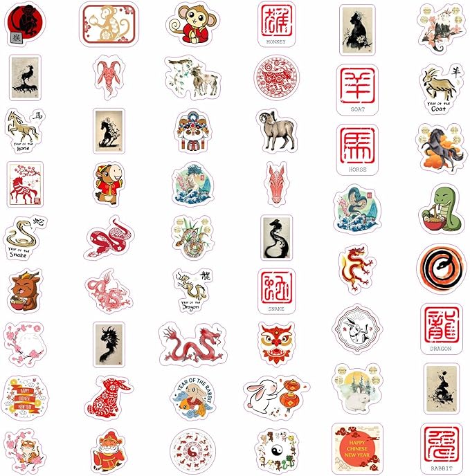BulbaCraft 100Pcs Chinese New Year Stickers - Chinese Zodiac Stickers, Lunar New Year Decals, Gifts for Women & Men