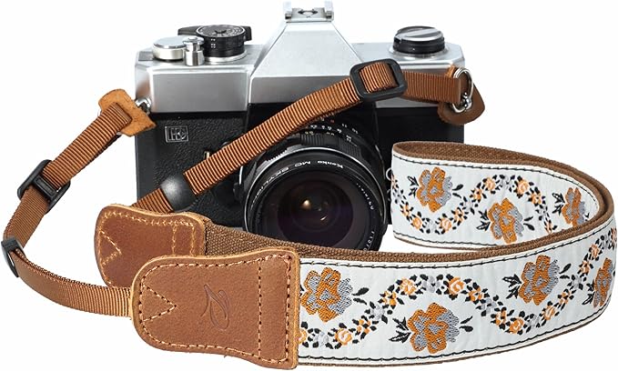Padwa Lifestyle Camera Strap - 1.5" Crazy Horse Cowhide Head Cotton Strap,Vintage Embroidery Camera Straps for Photographers and All Cameras,Cute Adjustable Shoulder Neck Strap for Adults & Kids
