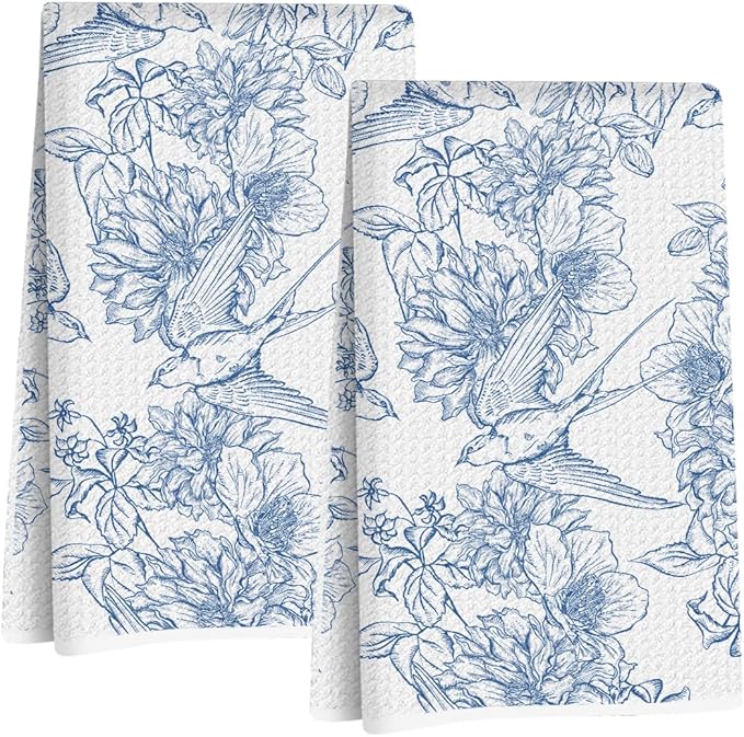 2 Pcs Chinoiserie Floral Bird Kitchen Towels 24x14 Inch, Blue White Flowers Bird Dish Towels for Kitchen Farmhouse Decor, Durable Absorbent Microfiber Tea Towel Dish Cloth, Home Gifts for Women Mom