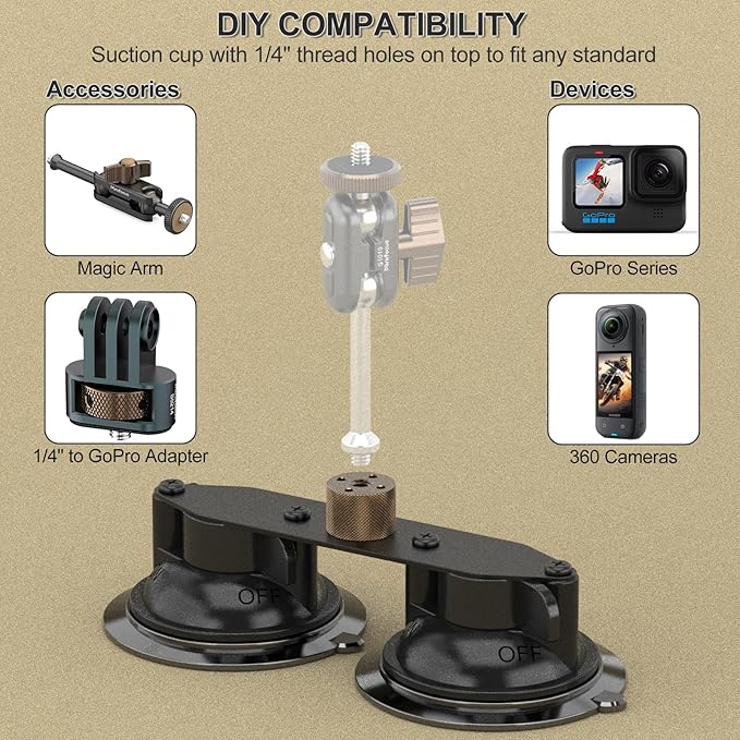 MINIFOCUS Double Suction Cup Mount, Twist-Lock Dual Suction Cup Base with Camera Thread Adapter, Quick Release Double-Layer Suction, Windshield Window Car Mount for Magic Arm
