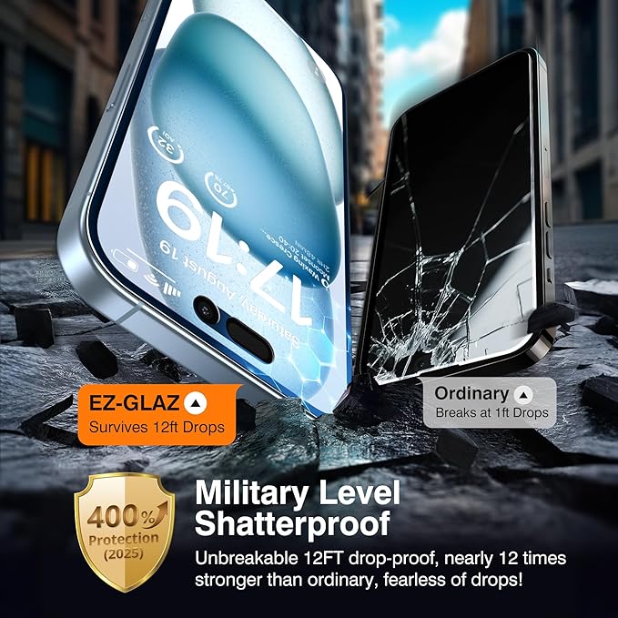 EZ-GLAZ- 4 Pack for iPhone 15 Plus Privacy Screen Protector [6.3"] With 2 Pack Camera Lens Protector, 9H+ Hardness 12FT Military Grade Shatterproof Scratch Resistant Durable Tempered Glass Film with Flawless Fit Kit