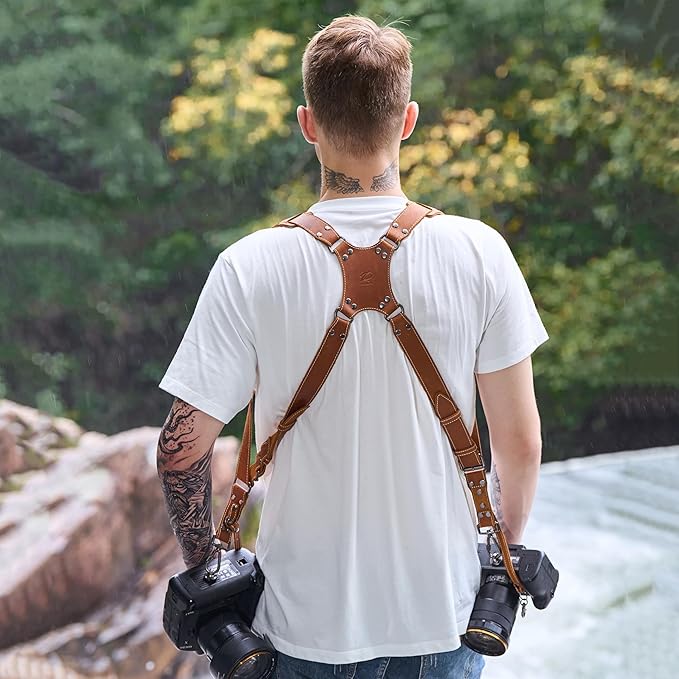 Padwa Lifestyle Tan Dual Camera Harness Strap with Padded for Two Cameras - Dual Shoulder Full Grain Leather Harness,Multi Camera Gear for DSLR/SLR Strap,Double Camera Harness for Photographers