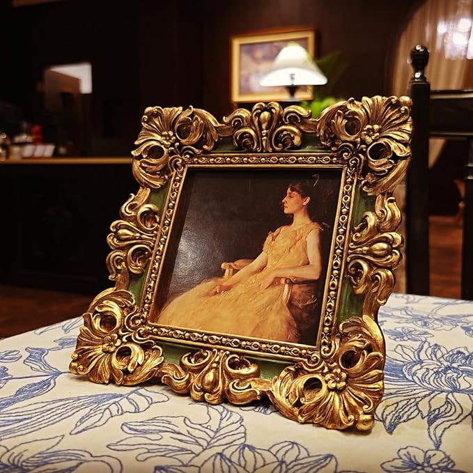 CISOO 4x4 Vintage Small Picture Frame, Antique Ornate Green and Gold Square Photo Frame, for Table Top and Wall Display, Decorative Floral Design Retro Home Decor, Photo Gallery Art