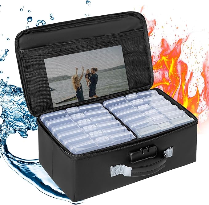 IBVIVIC Fire-resistant Photo Storage Box with 12 Inner 4" x 6" Photo Case(Clear),Photo Box Organizer with Lock