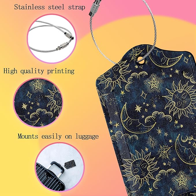 2 Pack Luggage Tag for Suitcases,Moon Sun Stars Clouds PU Leather Bag Travel Suitcase ID Identifier Baggage Tags for Women Men Travel