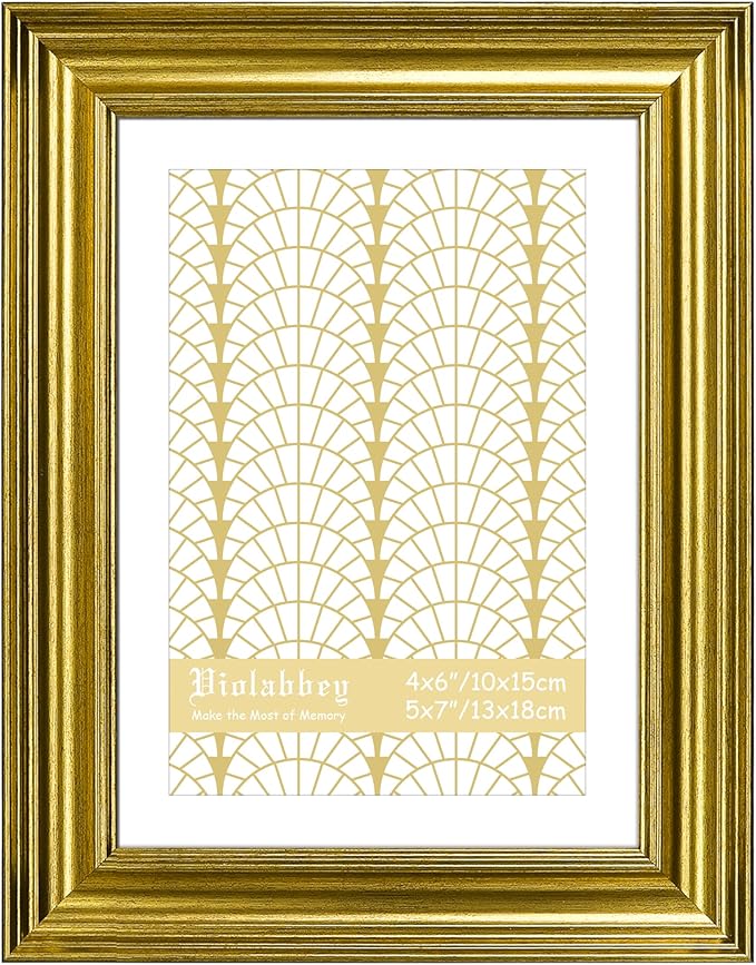 VIOLABBEY 5x7 Picture Frame Gold, Vintage Photo Frames, Fits Pictures 4x6 with Mat or 5 x 7 without Mat, Display for Tabletop and Wall