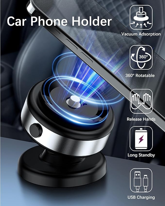 Electric Vacuum Suction Cup Magnetic Phone Mount, 360 Rotatable Magnetic Cell Phone Holder, Adjustable Hands-Free Portable for Magsafe iPhone Car Gym Mirror Smooth Surface(Black)