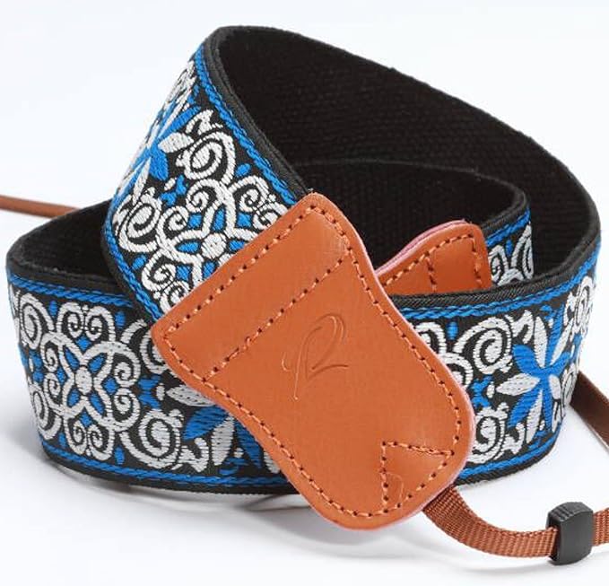 Padwa Lifestyle Blue Floral Camera Strap - 2" Cowhide Head Camera Straps for Photographers,Vintage Jacquard Embroidery Woven Cotton Adjustable Shoulder Neck Straps for Cameras,Binoculars
