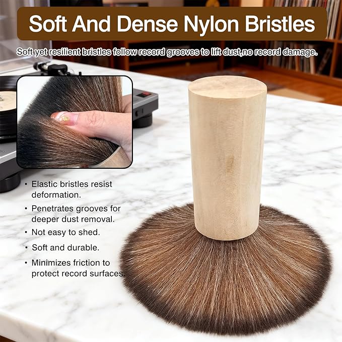 Anti-Static Vinyl Record Cleaning Brush with Wooden Handle for LP, CD & Turntable Cartridge