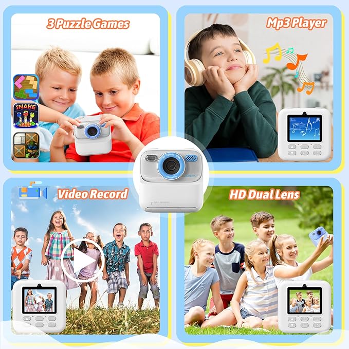 Kids Instant Digital Cameras for Boys and Girls, 1080P HD Dual-Lens Selfie Digital Camera with Print Paper & 32G Card, Christmas Birthday Gifts Toys for Toddler and Teenagers Age 3-16 Years Old