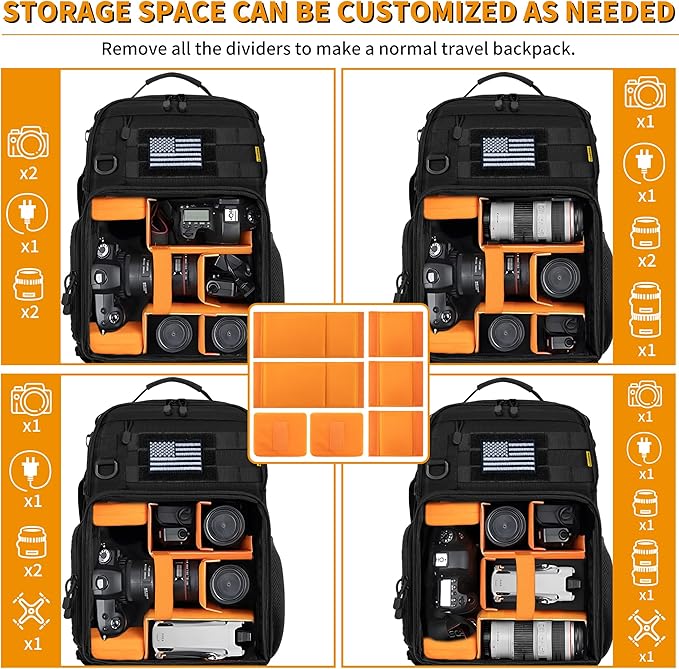 TORIBIO Camera Backpack for DSLR/SLR/Mirrorless Photography Camera, Water-resistant Tactical Camera Travel Bag Backpack Case with 15.6" Laptop Compartment, Tripod Holder
