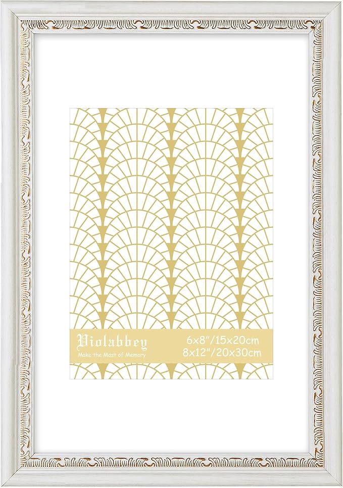 VIOLABBEY 8x12 White Gold Picture Frame, Display 6x8 Photo with Mat or 8x12 without Mat, Ornate Vintage 6 x 8 White Gold Frame for Wall Decor or Tabletop Display