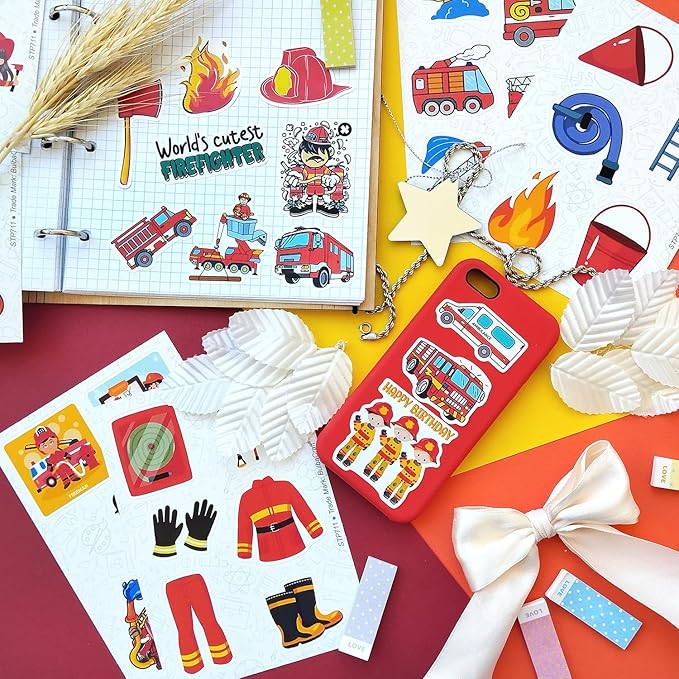 BulbaCraft Firefighter Stickers for Kids, 100Pcs Vinyl Decals, Waterproof, Reusable, Party Favors, School Supplies, Fire Truck Theme, Unisex