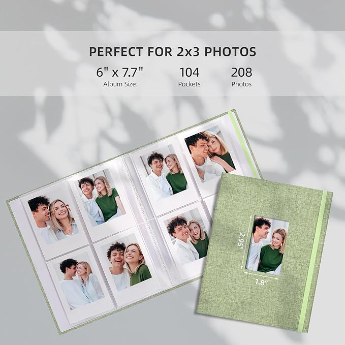 Vienrose Mini Polaroid Photo Album Book 208 Photos 2x3 Inch Pictures for Fujifilm Instax Mini 7s 8 9 11 25 26 40 50s 90 Evo Z2300 Instant Camera, Polaroid Snap Grass Green 1 Pack