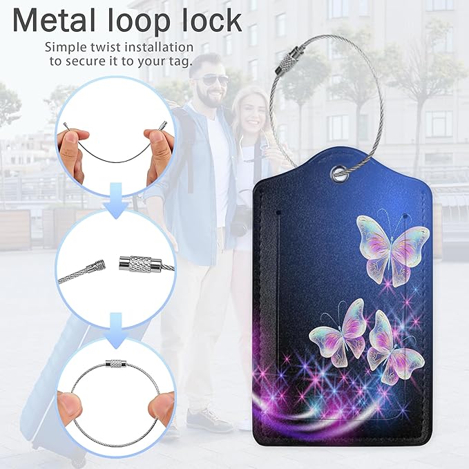 3 Pack Flying Butterfly Luggage Tags,Glowing Smoke Stars PU Leather Luggage Tags for Suitcase,Name ID Labels with Privacy Cover Suitcases and Metal Loop for Travel