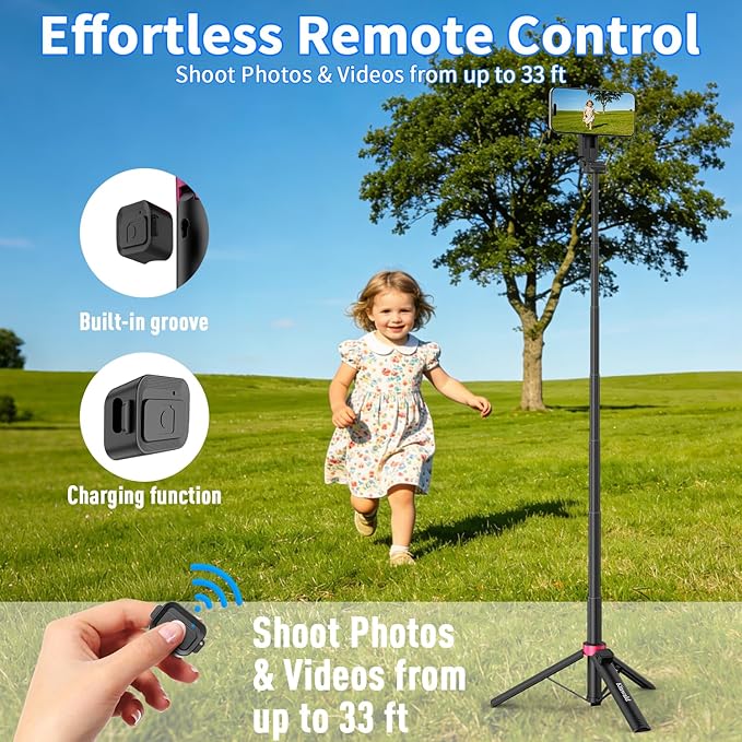 57" MagSafe Compatible Phone Tripod with Remote, Strong Magnetic Selfie Stick, Secure & Portable Tripod for iPhone Android, Travel Video Recording & Vlog (Black)
