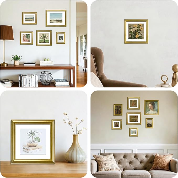 VIOLABBEY 10x10 Picture Frame Gold, Vintage Photo Frames Square, Fits Pictures 8x8 with Mat or 10 x 10 without Mat, Display for Tabletop and Wall