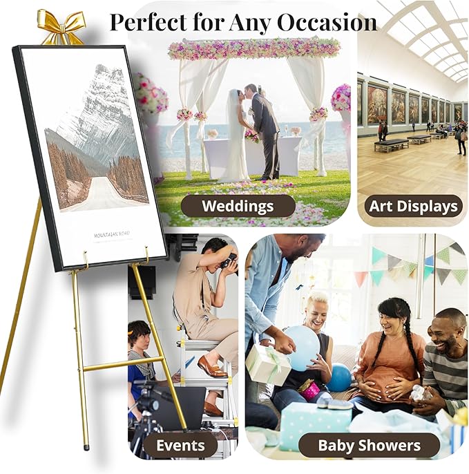 53”H Metal Gold Easel Stand for Sign, Large Adjustable Display Standing with Butterfly Bow Top for Wedding Displaying Pictures Poster Holder Showcasing