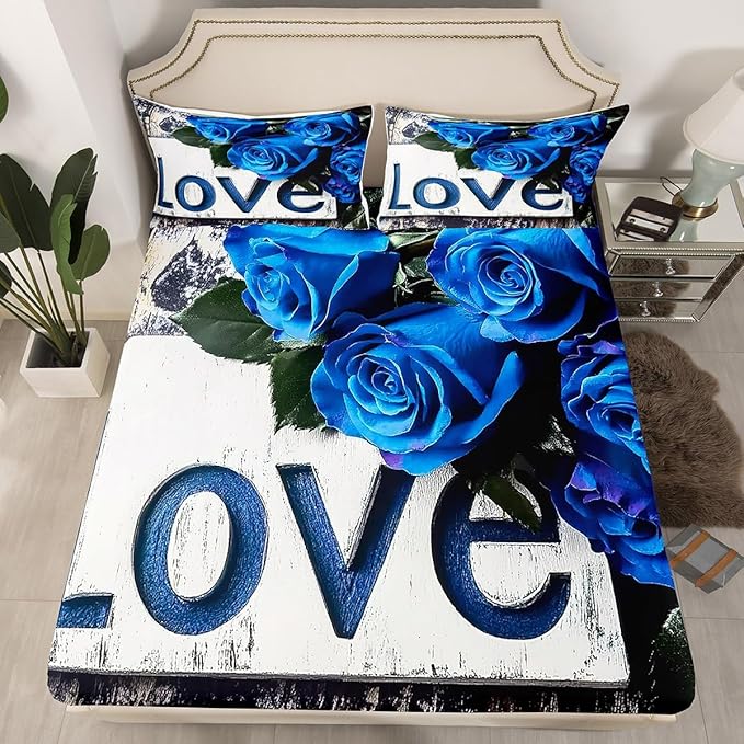 Erosebridal Blue Rose Flat Sheet Set - Valentine's Day 4 Pcs Full Size Bedding - Rose Print Fitted Sheet in Grey