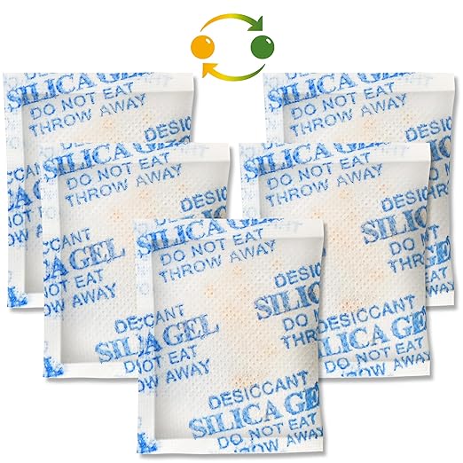 LotFancy Silica Gel Packets, 5 Gram 150 Packs Rechargeable Desiccant Dehumidifiers Packets, Moisture Absorber Drying Bag with Orange Indicator, Non-Toxic, Odorless
