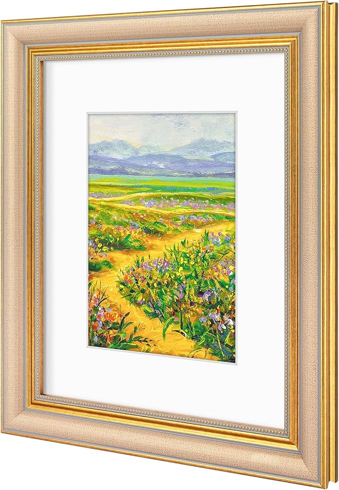 Golden State Art,8x10 Ornate Picture Frame for 5x7 Photo with Mat or 8 x 10 Prints Without Mat, Real Glass Wall & Tabletop Display Horizontally or Vertically (Color:Champagne Gold)