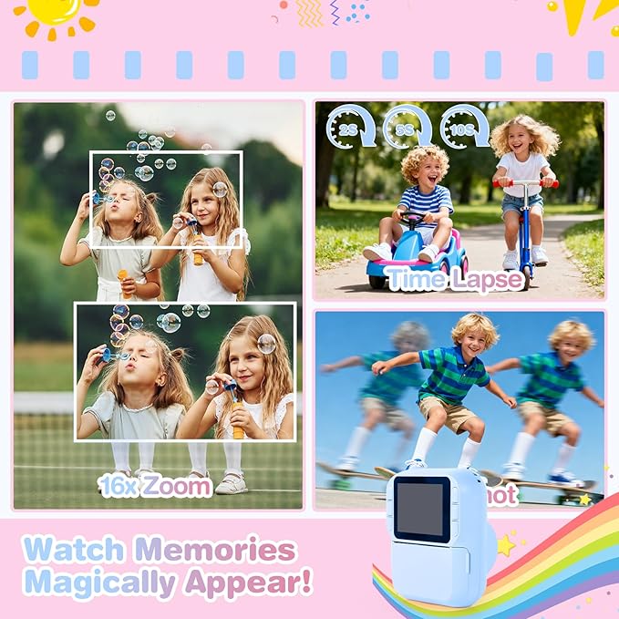 Kids Camera Instant Print with Color & Black-White Printing, 1080P HD Digital Selfie Camera for Children, 32GB, 2.4" Screen, 16X Zoom, Games, MP3 for Boys Girls Ages 3-12 (Blue)