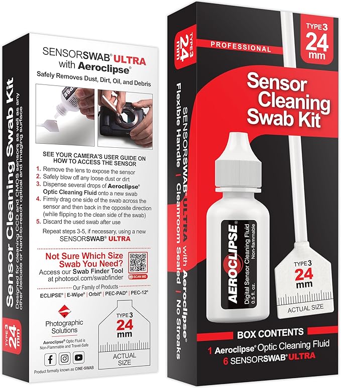 Sensor Cleaning Swab Kit - Aeroclipse Non-Flammable Optic Cleaning Solution (0.5oz/15ml) + Type-3 Sensor Swab Ultra 24mm (Pack of 6) - for Full Frame CMOS and CCD Sensors - Dust & Oil Remover