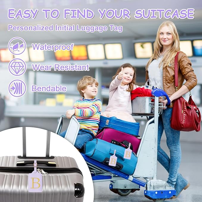 Initial Luggage Tags for Suitcases, Cute Embroidered Letter Luggage Bag Suitcase Identifier Name Baggage Tag, PU Leather Travel Luggage Tags, Bag Tags for Men Women Kids Luggage Handbags(Purple B)