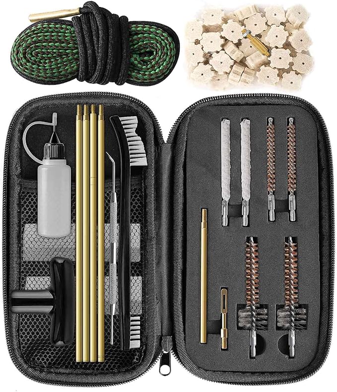 Universal Gun Cleaning Kit for .22 .223Cal 5.56mm .22LR Rifle Pistol, Bore Chamber Brush,Bore Mop,Gun Snake,Star Chamber Cleaning Pads,Brass Rods in Zippered Compact Case