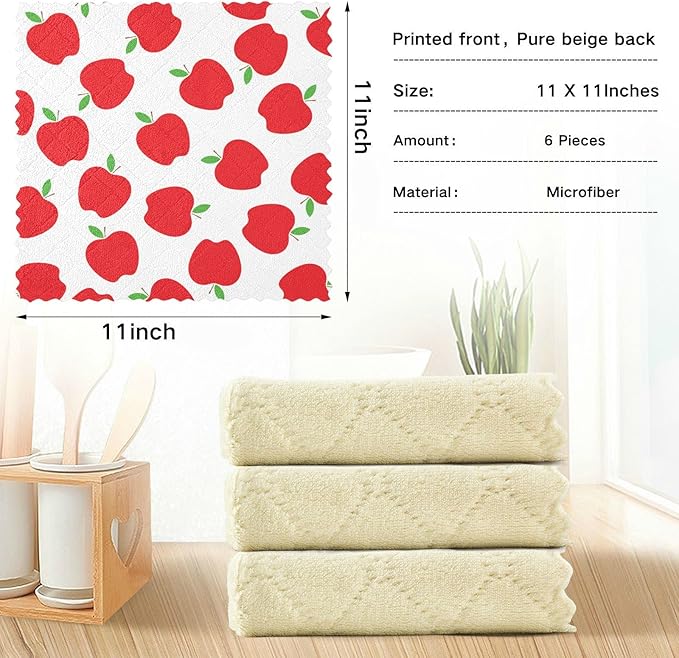 CaTaKu Red Apples Kitchen Dish Cloths for Washing Dishes Reusable Cleaning Cloth Dish Towels Microfiber Washcloths Dish Rags for Kitchen,6 Pack