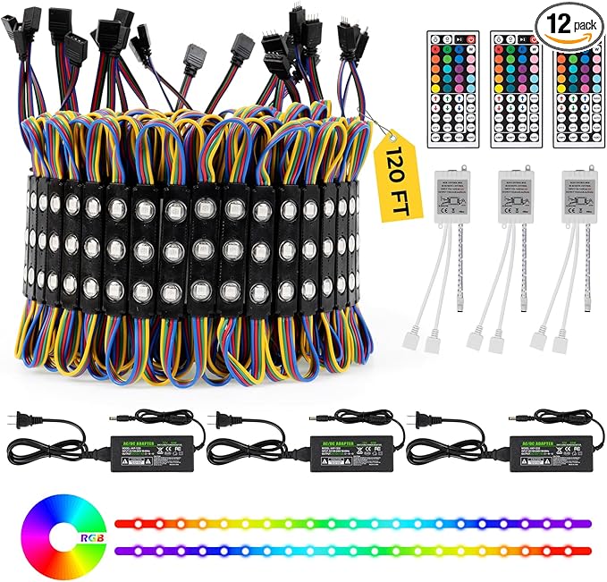 Dyna-Living LED Storefront Lights 120FT Commercial RGB Window Lights for Store Front Decorative 240PCS 3-LED 5050 SMD RGB Module for Signs IP65 Waterproof Strip Light for Business (12 Packs-Black)