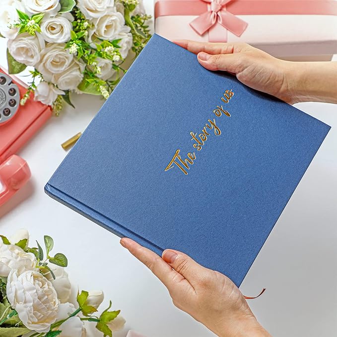 Colarr Hardcover Couples Scrapbook 144 Pages 8.7 x 8.7" Couples Photo Album Scrapbook Journal for 1 Year Wedding Memory Anniversary Photo Book Gift with 2 Markers(Navy Blue,the Story of Us)