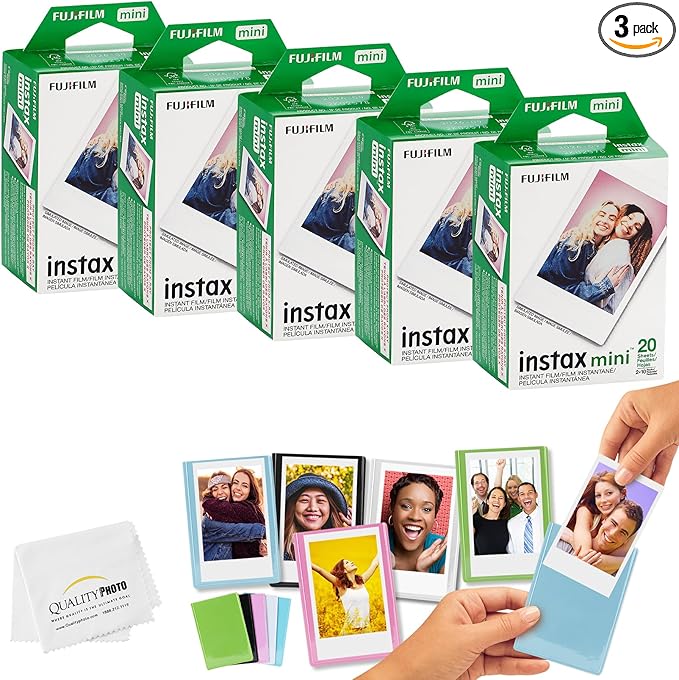 Fujifilm Mini Instax Films + Colored Magnet Photo Frames + Quality Photo Microfiber Cloth (100 Prints)