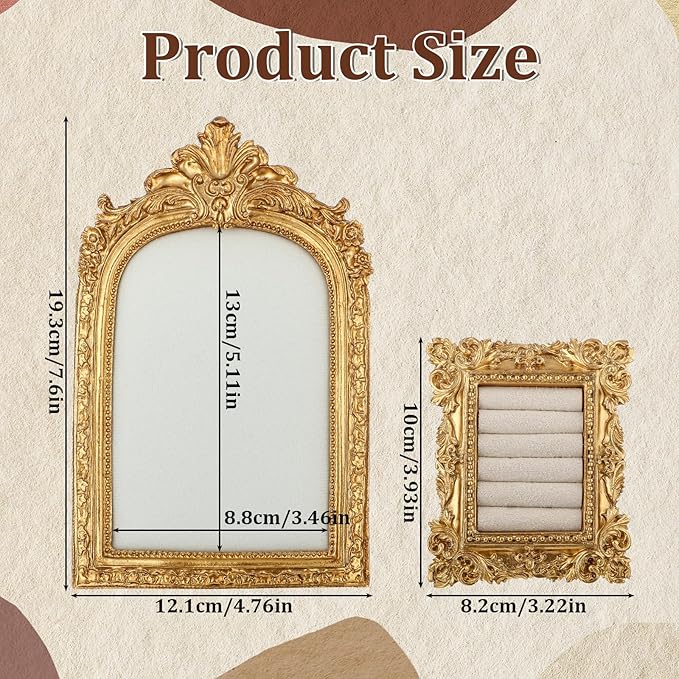 2 Pcs Vintage Jewelry Tray Set, Vintage Necklace Organizer with Velvet Backing and Ring Holder, Gold Ring Display Stand Frame, for Selling, Baroque Trinket Storage Dish Gifts for Women Wedding