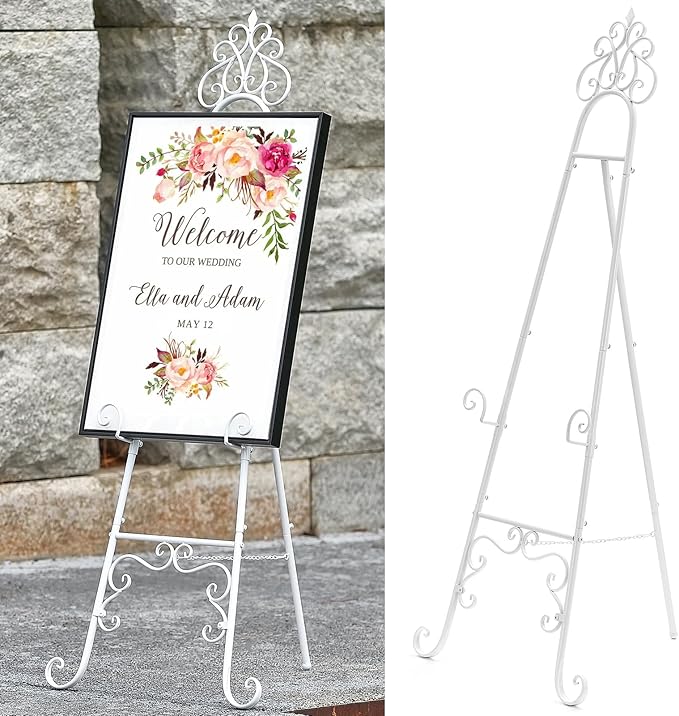 59" H Metal White Easel Stand for Sign, Large Adjustable Free Standing Scroll Display Easel for Wedding Sign Mirror Picture Poster Holder Showcasing