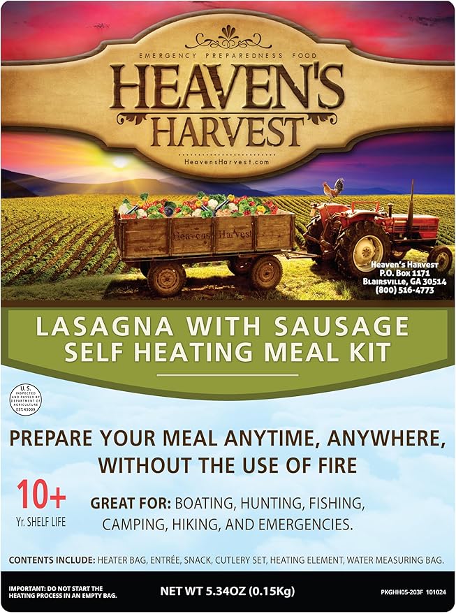 Heaven's Harvest Self-Heating Emergency Meal Kit (10 Year Shelf Life) — Tastier than MRE Meals & Ready-To-Eat in Minutes! Just add water to activate the “cooking” process. (Lasagna w/Sausage) (Single)