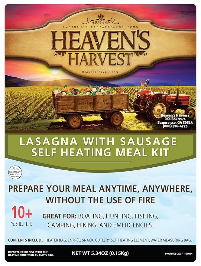 Heaven's Harvest Self-Heating Emergency Meal Kit (10 Year Shelf Life) — Tastier than MRE Meals & Ready-To-Eat in Minutes! Just add water to activate the “cooking” process. (Lasagna w/Sausage) (6-Pack)