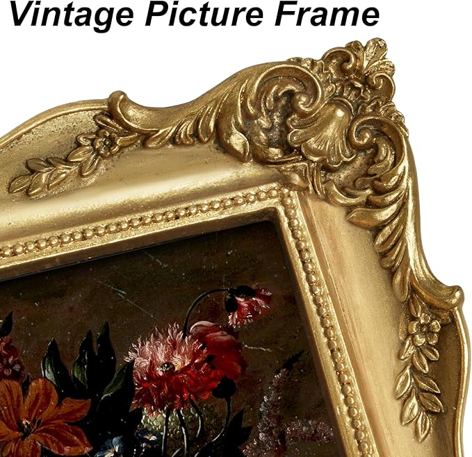 8x10 Vintage Picture Frame Gold, Ornate Baroque Gothic Victorian Frames with Mat for 5x7 or 8 x 10 Photos, Tabletop or Wall Display, Antique Home Decor Accent