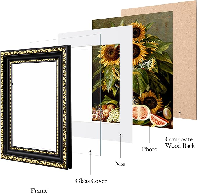 eletecpro 5x7 Picture Frames Set of 4, Gothic Frames with Glass Cover, 5 x 7 Vintage Photo Frame Displays 4x6 Photo with Mat or 5x7 without Mat for Tabletop or Wall Decor, Black Gold