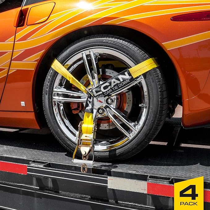 VULCAN Car Tie Down with Chain Anchors - Lasso Style - 2 Inch x 96 Inch - 4 Pack - Classic Yellow - 3,300 Pound Safe Working Load