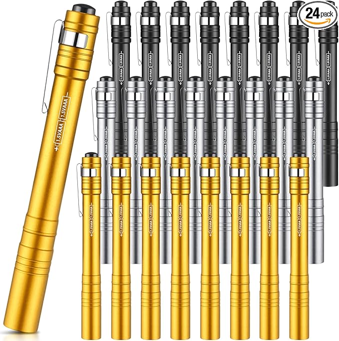 24 Pack Christmas Mini Pen Flashlights Bulk Gifts LED Pen Lights Aluminum Pocket Flashlights with Clips Small Handheld Torches for Men Camping Hiking Emergency Outdoor (Black,Silver,Yellow)
