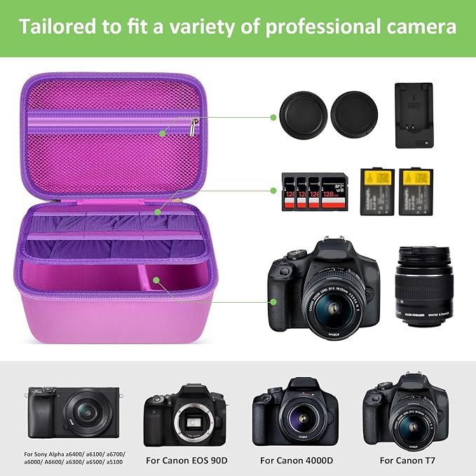 Digital Camera Case Compatible with Canon EOS Rebel T7/ 4000D/ T100 DSLR Cameras, Also for Sony Alpha a6400/ a6100/ a6700/ A6600/ a6300 Mirrorless, Holder for SD Card and More (Purple)