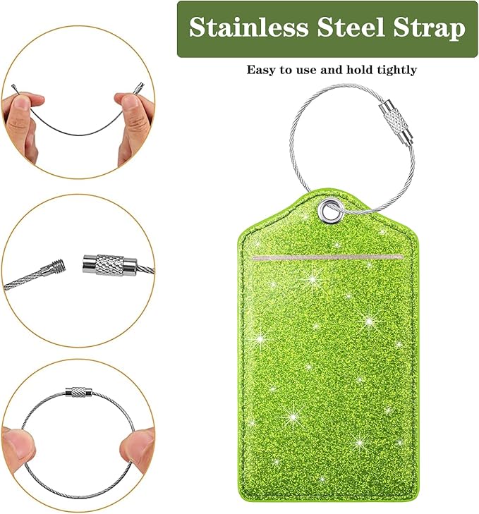 (Set of 2) Luggage Tag Leather Privacy Cover ID Label Address Card with Stainless Steel Loop, Travel Bag Tags Suitcase Labels, Glitter Chartreuse